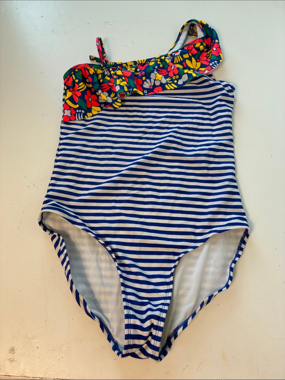 Cat & Jack XL 14/16 Blue White Striped One Piece Floral Swimsuit